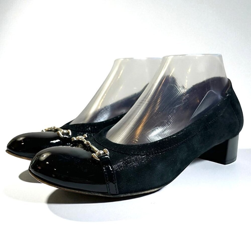 AGL Black Shimmer Suede Cap Toe Horsebit Low Heel Pumps Size 37.5 Heels